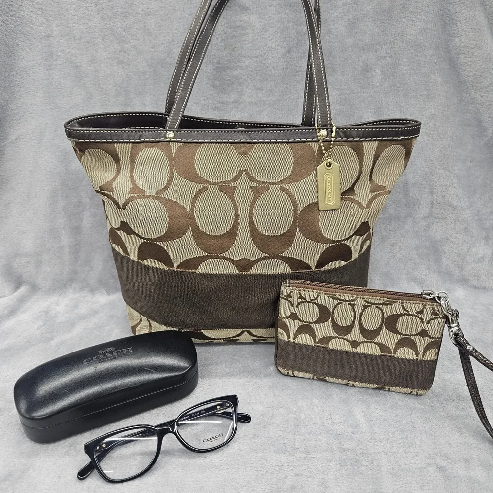 Coach Signature Tote Bag Bundle Brown Khaki Y2K Wristlet Glasses & Case 10124